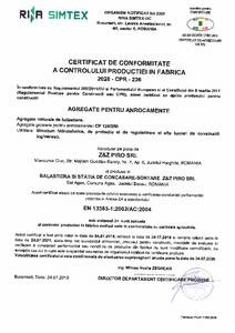 certificat de conformitate - agregate pentru anrocamente